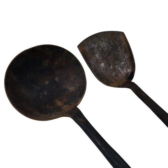 Primitive Hand Forged Ladle and Spatula Rustic Cooking Set Metal Wooden Handles - Picture 3 of 6